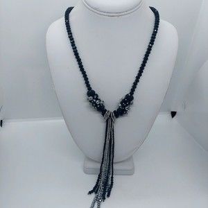 Black glass bead tassel necklace‎